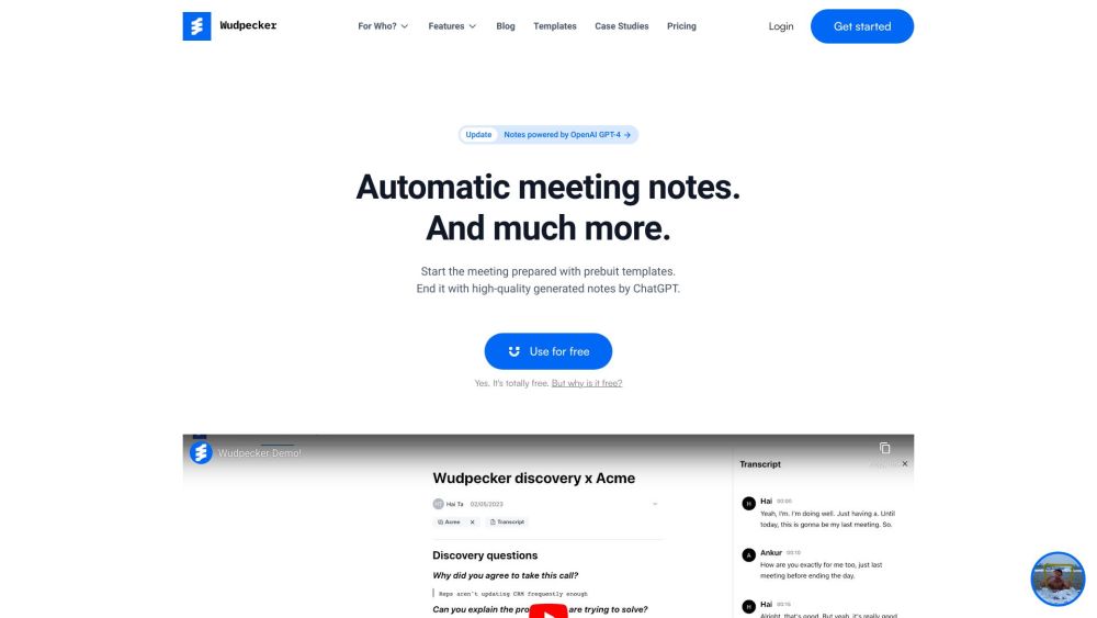 Wudpecker - Your AI Meeting Assistant Website screenshot