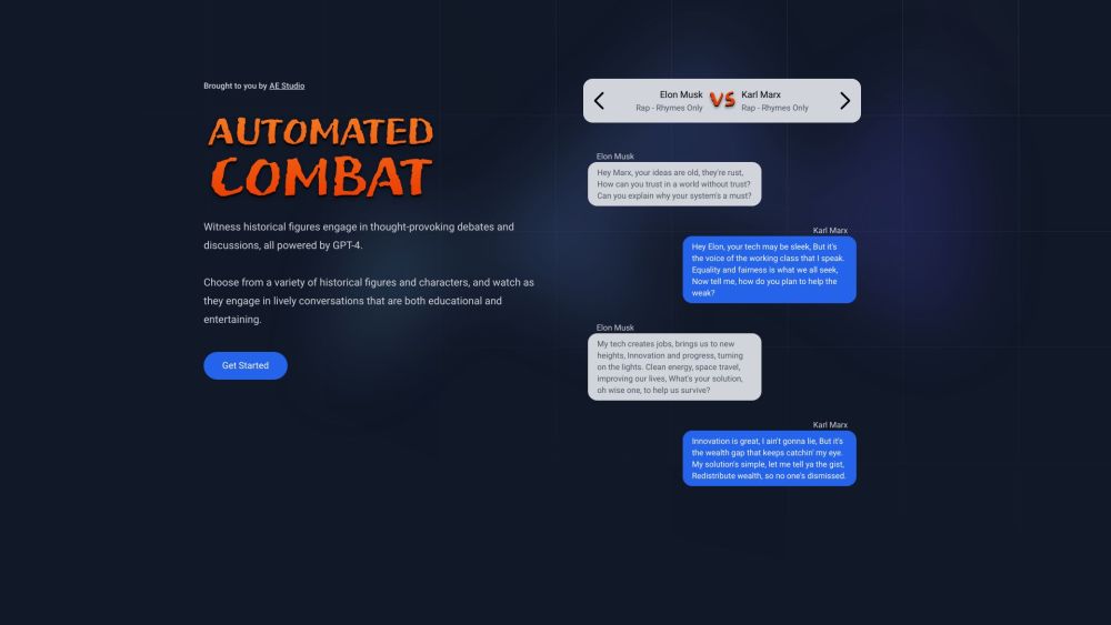 Automated Combat - AI-powered Historical Figure Debates Website screenshot