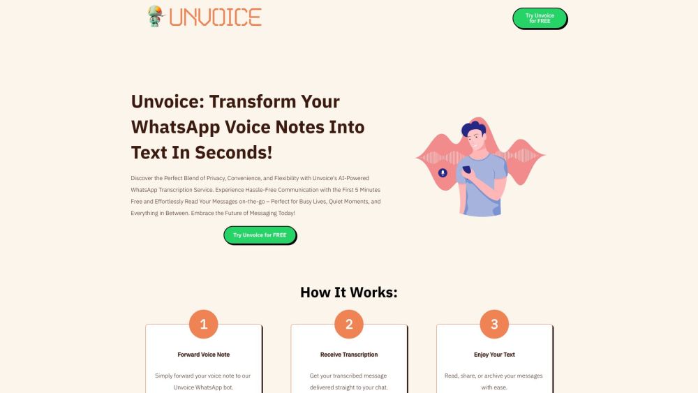 Unvoice Bot - Your AI WhatsApp Voice Transcriber Website screenshot