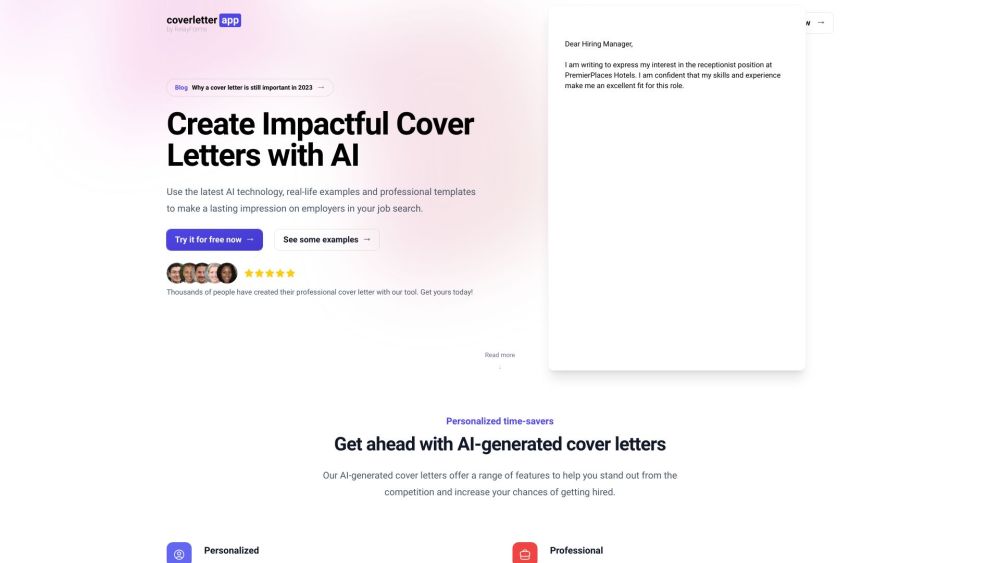 AI Cover Letters, Examples & Templates | coverletter.app Website screenshot