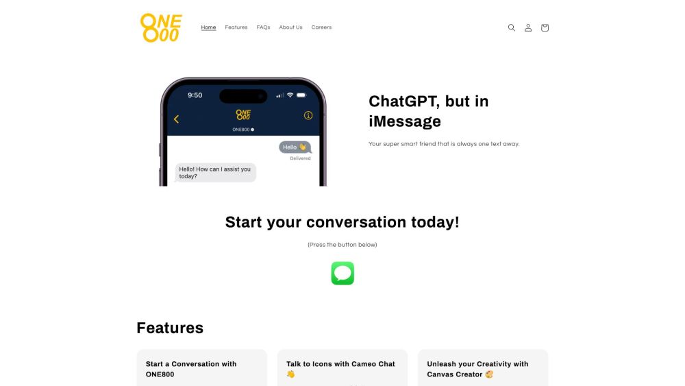 ONE800: ChatGPT for iMessage Website screenshot