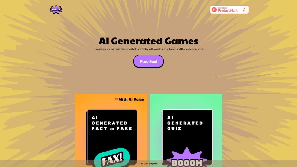 Booom: AI Generated Trivia and Social Games Website screenshot