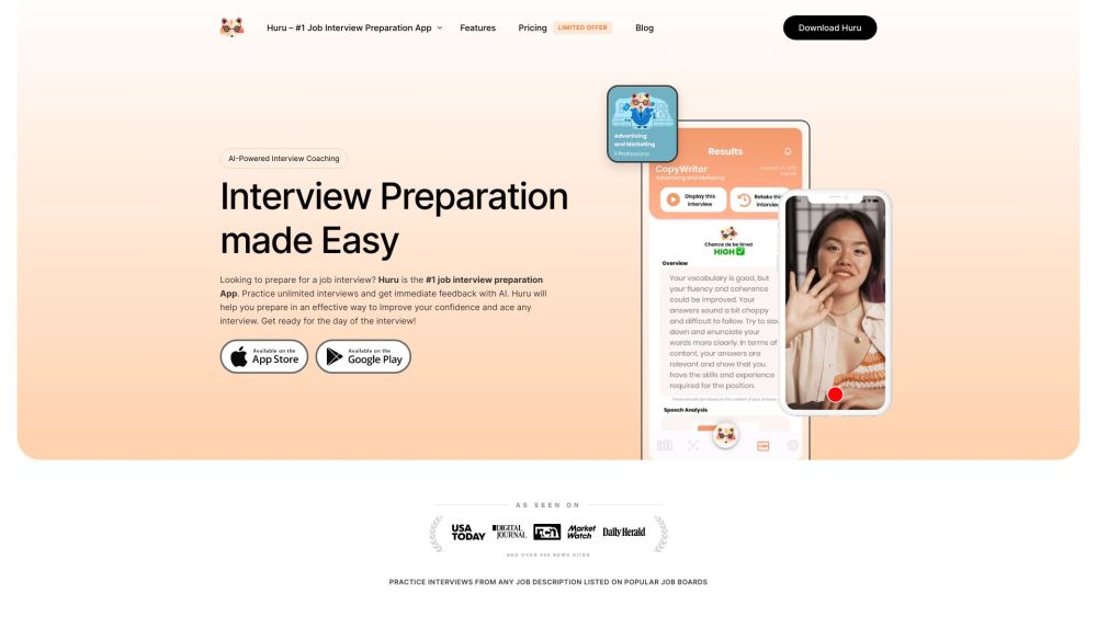 Huru - AI Job Interview Preparation Coaching App Website screenshot