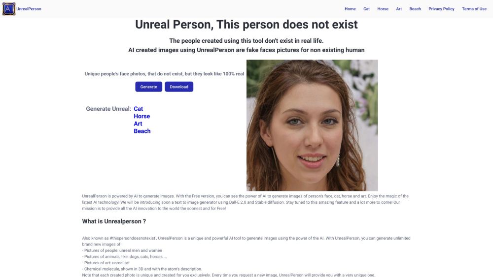 UnrealPerson Website screenshot