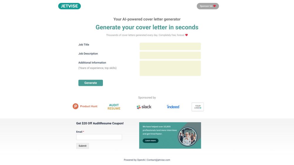 AI-Powered Cover Letter Generator Website screenshot