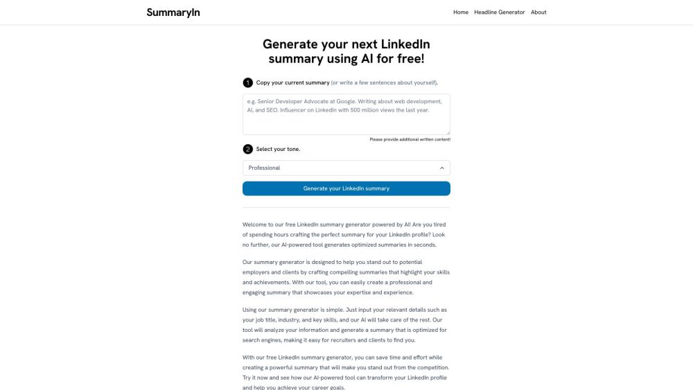 LinkedIn Summary Generator Website screenshot