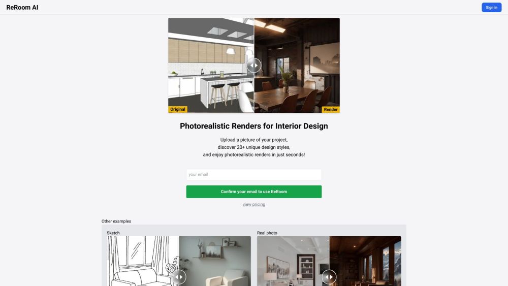 ReRoom AI - Photorealistic Renders for Interior Design Website screenshot