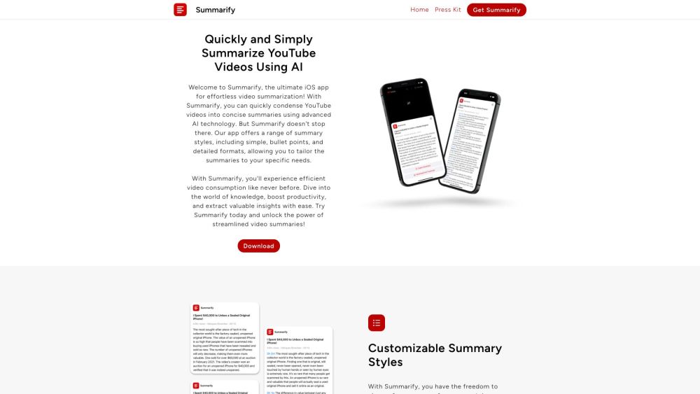 Summarify AI For YouTube Powered By ChatGPT Website screenshot