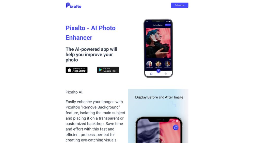 Pixalto - AI Photo Enhancer Website screenshot