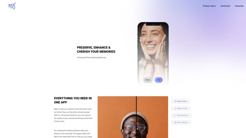 Mems - AI Photo Enhancer Website screenshot