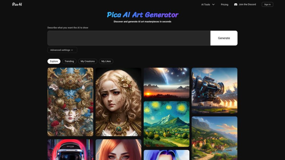 Pica AI Art Generator Website screenshot