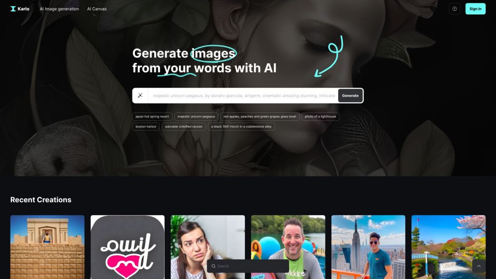 Karlo - Inspire Ideas, Generate Impressive AI Images Website screenshot