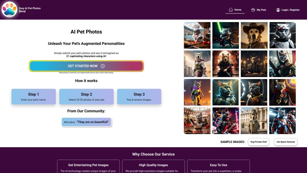 AI Pet Photos Website screenshot