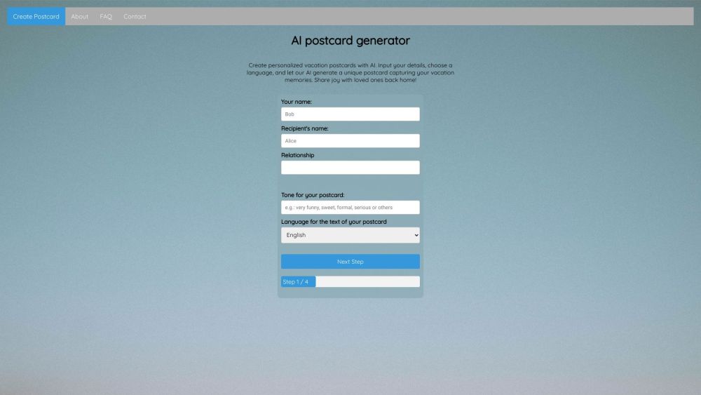 AI Postcard Generator Website screenshot