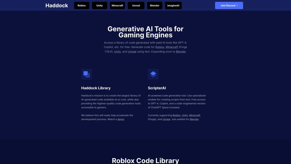 Haddock - Generative AI Tools for Gaming Engines Website screenshot