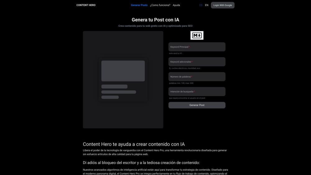 Content Hero | Generar Posts con IA Website screenshot