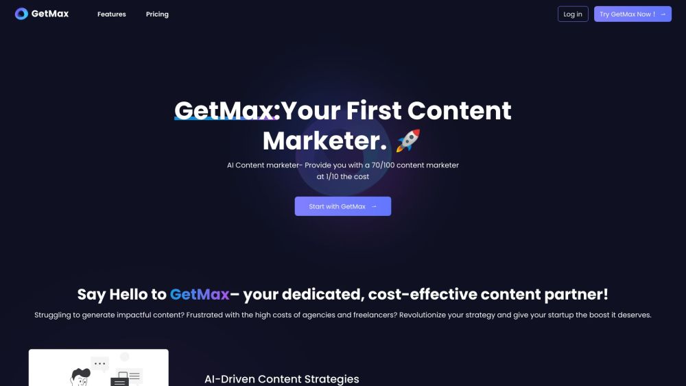 GetMax: AI-Powered Content Marketing for Startups Website screenshot