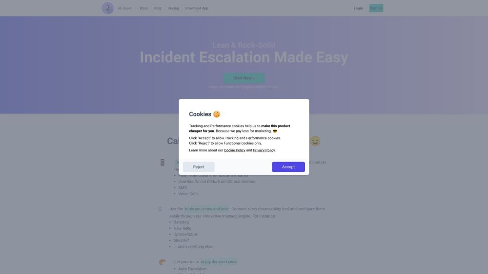 All Quiet: IT Incident Escalation, Management & Collaboration Website screenshot