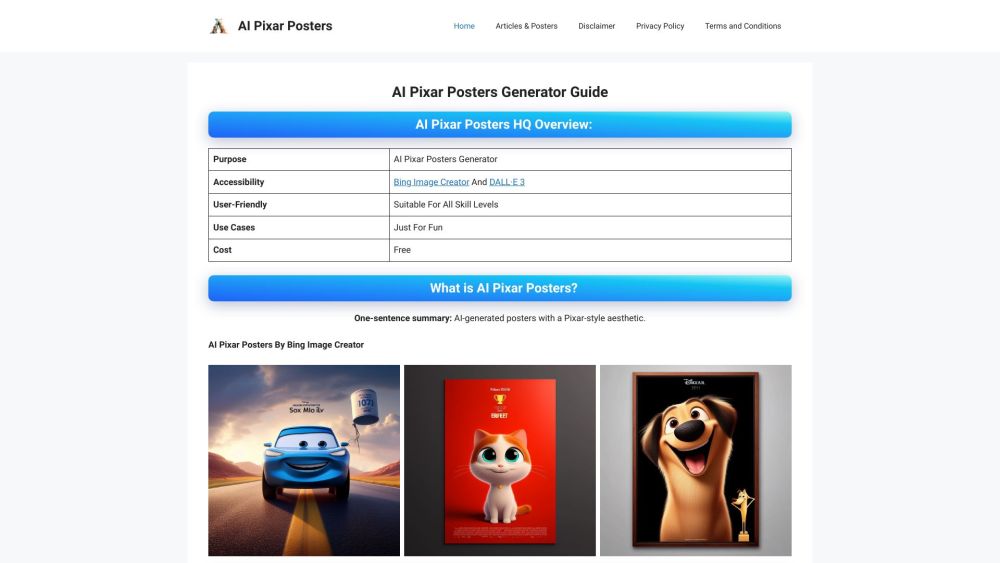 AI Pixar Posters Generator Website screenshot