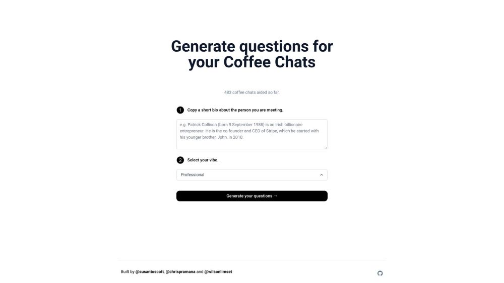 Podcast and coffee chat question generator Website screenshot