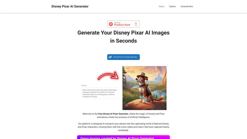 Disney AI Pixar Generator Website screenshot