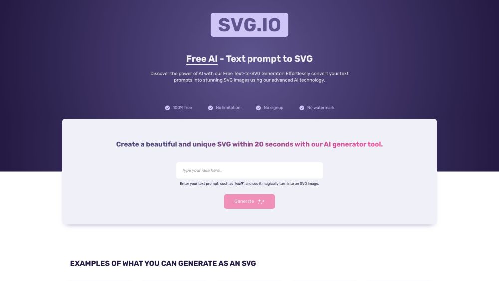 Free AI - Text prompt to SVG illustration Website screenshot