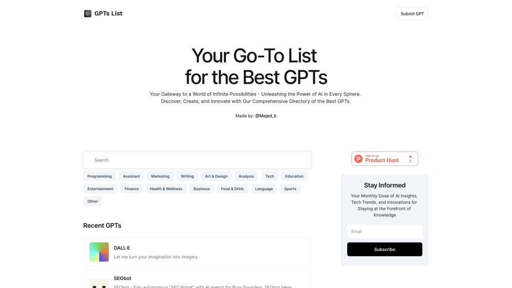 Your Go-To List for the Best GPTs Website screenshot