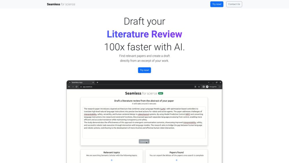 Seamless - AI Literature Review Tool for Scientific Research Website screenshot