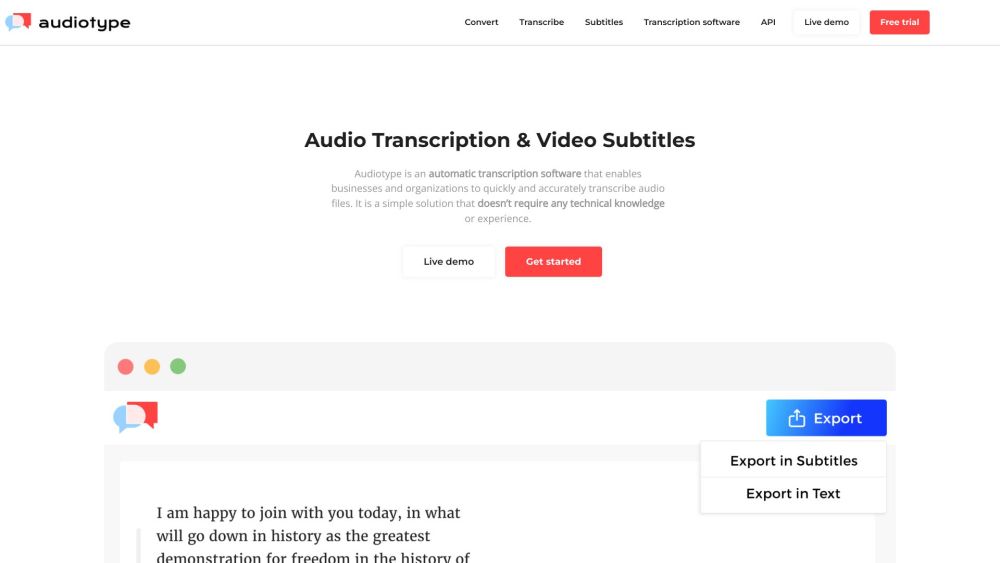 Audiotype - Audio Transcription and Video Subtitles Website screenshot