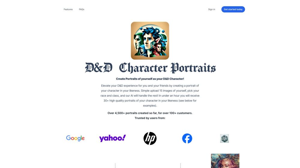 D&D Character Portraits Website screenshot