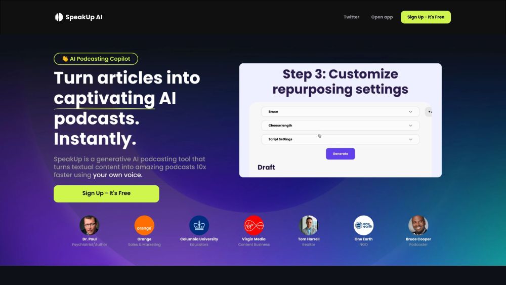 SpeakUp AI - AI Podcasting Copilot Website screenshot