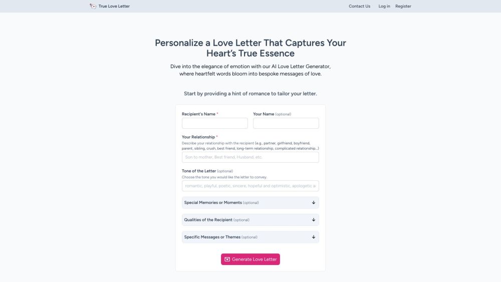 AI Love Letter Generator Website screenshot