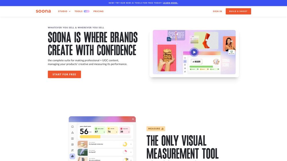 soona's AI Tools & Creative Platform Website screenshot