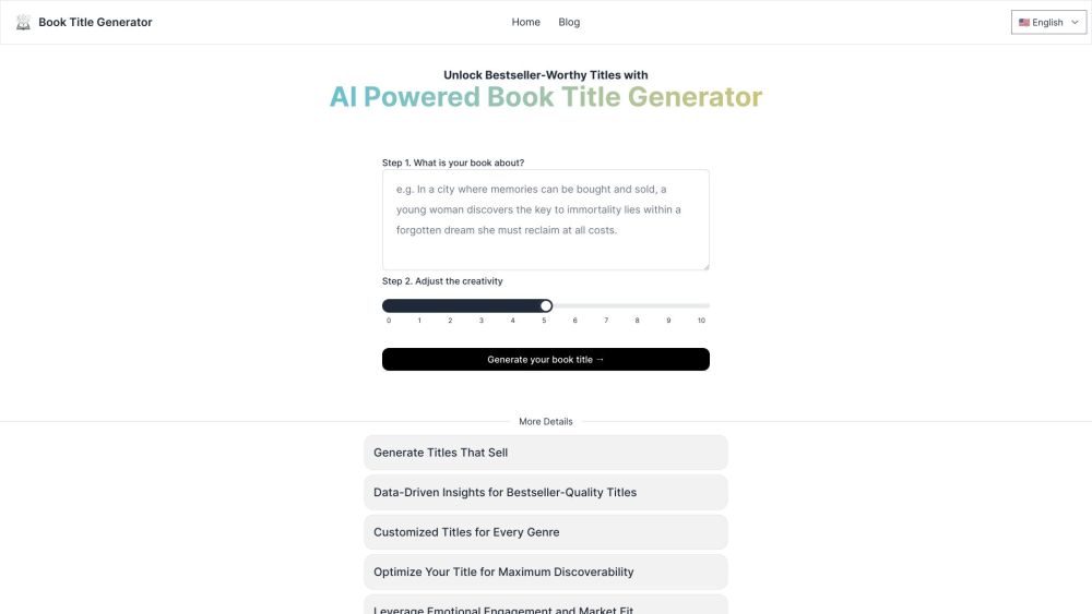 AI Book Title Generator Website screenshot