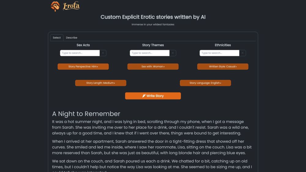 Erota AI-written erotic stories Website screenshot