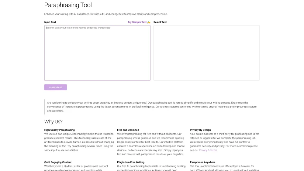 Paraphrasing Tool - Free AI Paraphraser Website screenshot