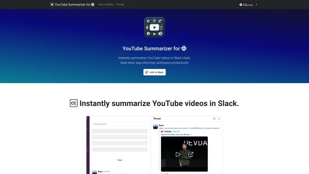 YouTube Summarizer for Slack Website screenshot