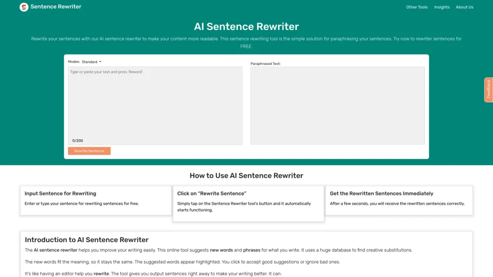 AI Sentence Rewriter Website screenshot