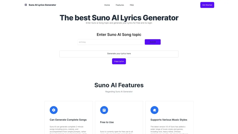 Suno AI Lyrics Generator Website screenshot