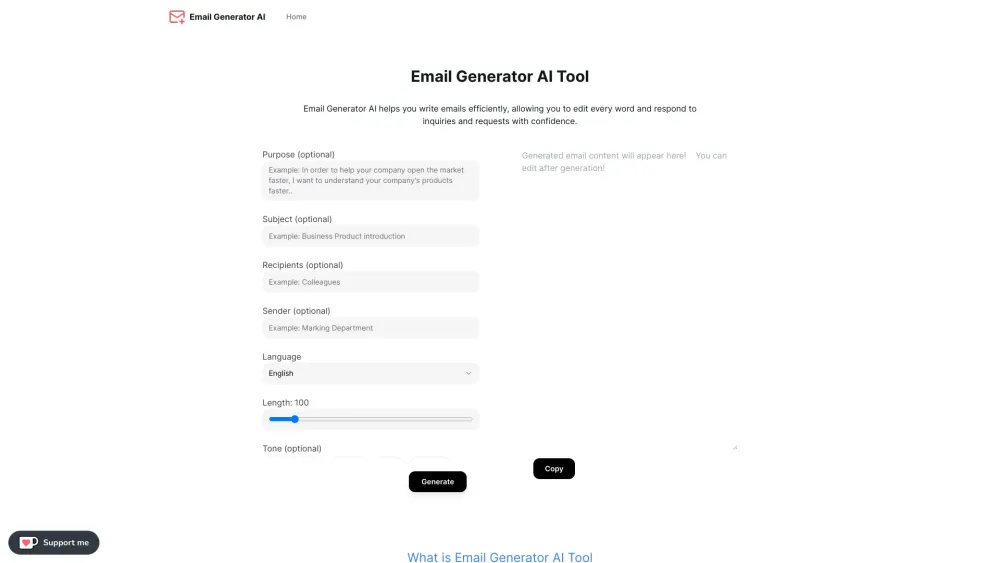 Email Generator AI Tool Website screenshot