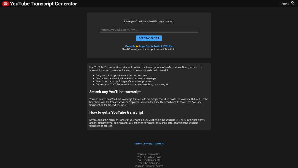 YouTube Transcript Generator Website screenshot