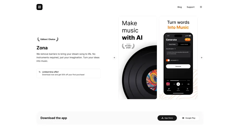 Zona: AI Song & Music Generator Website screenshot