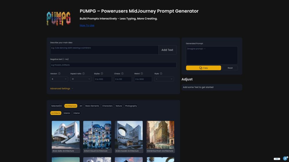 PUMPG - Powerusers MidJourney Prompt Generator Website screenshot