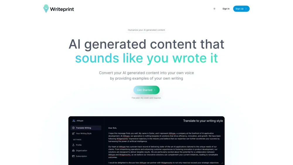 Writeprint.ai Website screenshot