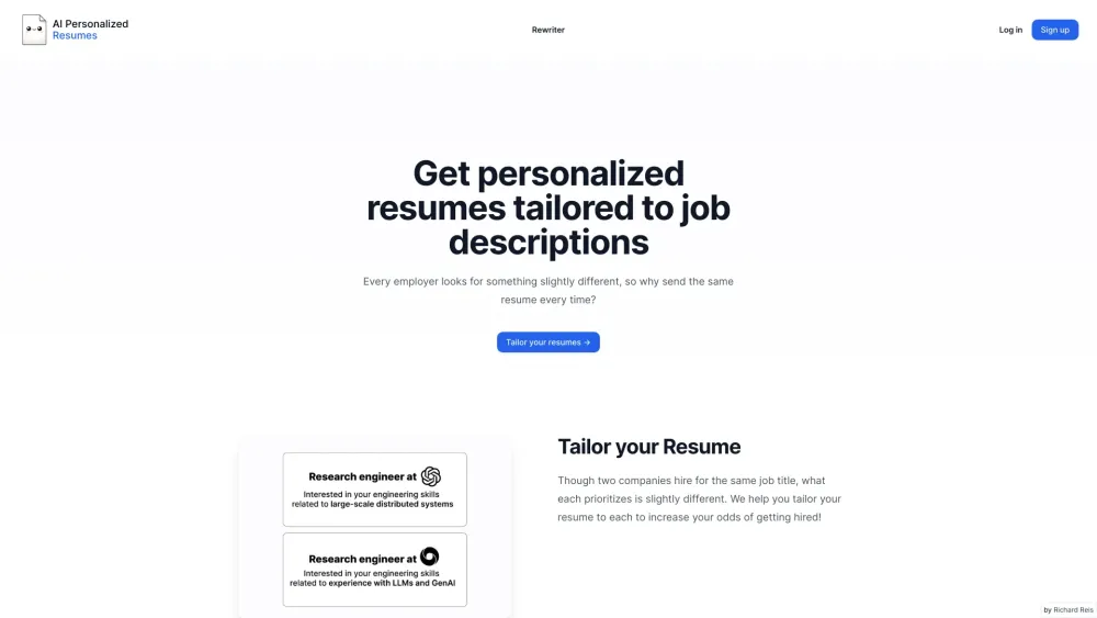 AI Personalized Resumes Website screenshot