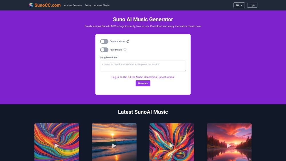 Suno AI Music Generator Website screenshot