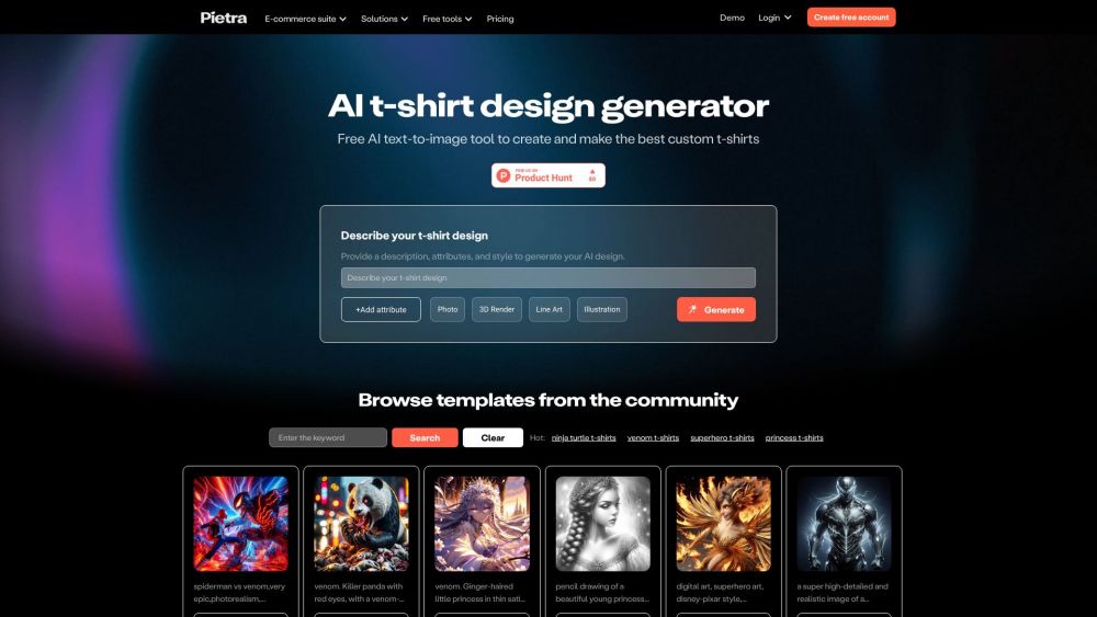 AI t-shirt design generator Website screenshot