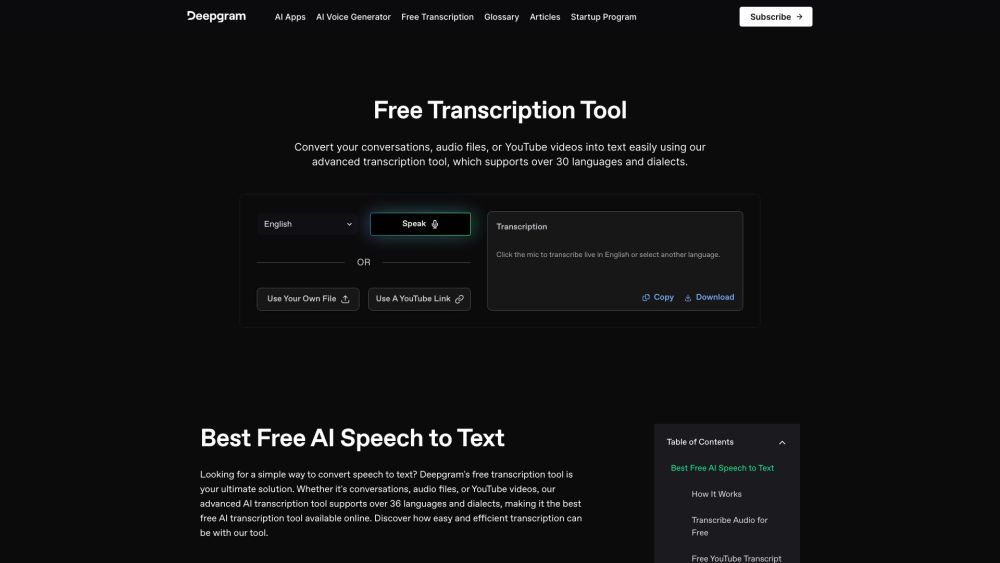 Free Transcription Tool Deepgram Website screenshot