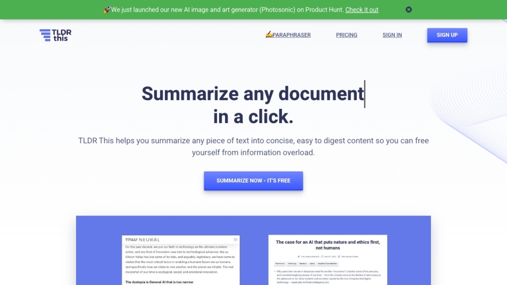 TLDR This - Article Summarizer & Online Text Summarizing Tool Website screenshot