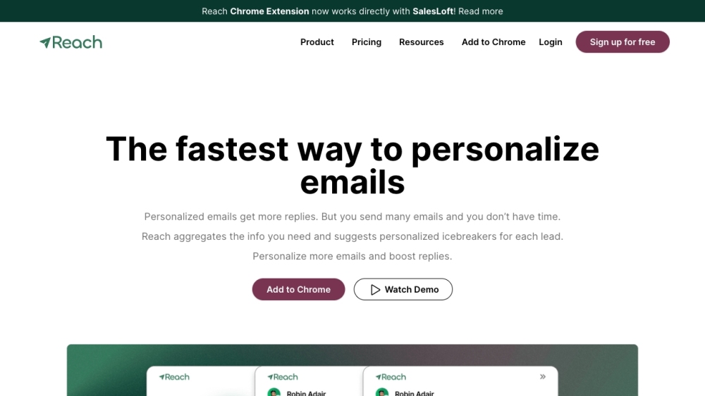 Reach - The fastest way to personalize emails Website screenshot